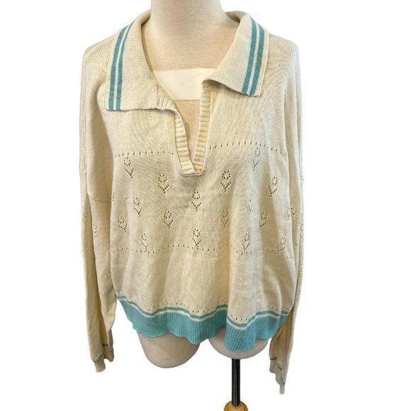 NWOT BP Pointelle‎ Cotton Polo Sweater in Ivory Dove (3X) - Picture 3 of 8